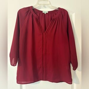 JEM Red Ruched 3/4 Sleeve Blouse with Mandarin Collar